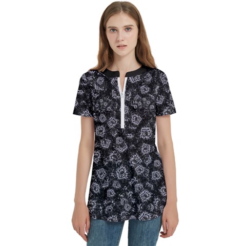 Whimsy Beasts Print Pattern Design Women s Zip Front V-neck Short Sleeve Casual Top Pocket Shirt by dflcprintsclothing