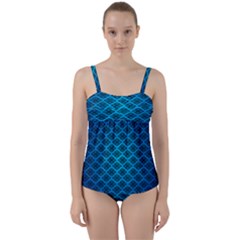 Pattern Texture Geometric Blue Twist Front Tankini Set by anzea