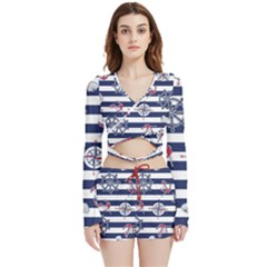 Seamless Marine Pattern Velvet Wrap Crop Top And Shorts Set by Ket1n9