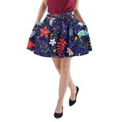 Festive Floral Pattern Christmas Blue Floral Flower Foliage Leaves Pattern Red Snow Winter A-line Pocket Skirt by Maspions