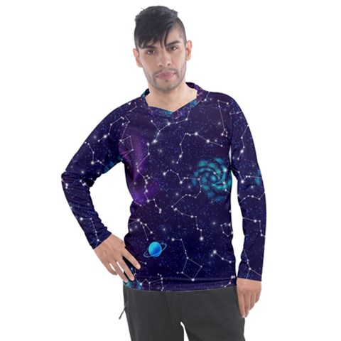 Realistic Night Sky Poster With Constellations Men s Pique Long Sleeve T-shirt by Ket1n9