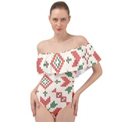 Christmas Texture, New Year, Red-green Christmas Ornament Texture Off Shoulder Velour Bodysuit  by kyorashop23