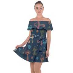 Whimsical Mushrooms Pattern Off Shoulder Velour Dress by Drawde