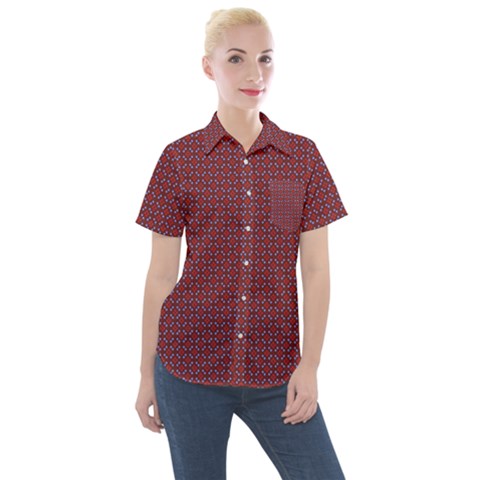 Brown Red Dot Pattern Women s Short Sleeve Pocket Shirt by ytdream
