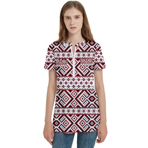 Illustration Of Ukrainian Folk Seamless Pattern Ornament Women s Zip Front V-neck Short Sleeve Casual Top Pocket Shirt by Grandong