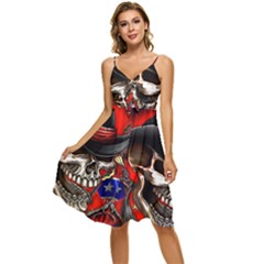 Confederate Flag Usa America United States Csa Civil War Rebel Dixie Military Poster Skull Sleeveless Tie Front Chiffon Dress by Ket1n9