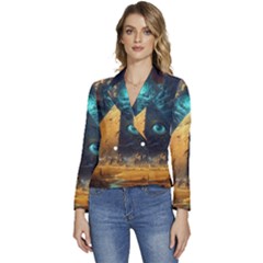 Mystic Blue Pyramid Art Women s Long Sleeve Revers Collar Cropped Jacket by ExtraAwesomeSauce