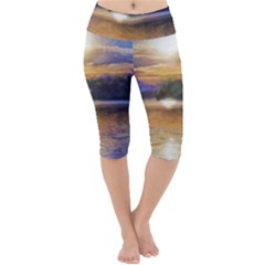 Serene Sunset Over Water Lightweight Velour Cropped Yoga Leggings by ExtraAwesomeSauce