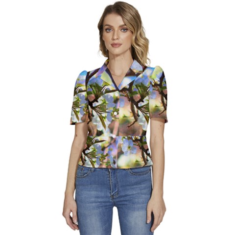 Springtime Pear Tree Blossoms Puffed Short Sleeve Button Up Jacket by ExtraAwesomeSauce