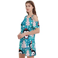 Blue Penguin Pattern, Adoxali, Christmas, Cute Women s Cold Shoulder Round Neck Mini Dress by kyorashop23