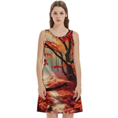 Forest Path Red Nature Round Neck Sleeve Casual Dress With Pockets by Bedest