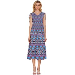 Colorful Sugar Skull Cat Pattern V-neck Drawstring Shoulder Sleeveless Maxi Dress by ExtraAwesomeSauce