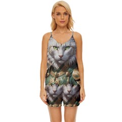 Epic Armored Cat Warrior V-neck Satin Pajamas Set by ExtraAwesomeSauce