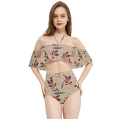 Leaves Pattern Teal Seamless Fall Halter Flowy Bikini Set  by Posterlux