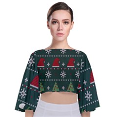 Beautiful Knitted Christmas Pattern Tie Back Butterfly Sleeve Chiffon Top by Ket1n9