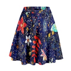 Festive Floral Pattern Christmas Blue Floral Flower Foliage Leaves Pattern Red Snow Winter High Waist Skirt by Maspions
