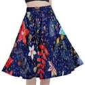 Festive Floral Pattern Christmas Blue Floral Flower Foliage Leaves Pattern Red Snow Winter A-Line Full Circle Midi Skirt With Pocket View1