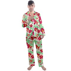 Retro 1960s Flowers Pattern Men s Long Sleeve Satin Pajamas Set by violetheavensky
