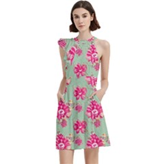 Retro 1880s Flowers Pattern 11 Cocktail Party Halter Sleeveless Dress With Pockets by violetheavensky