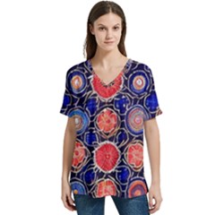 Retro Geometric Shapes And Flowers 3 V-neck Split Shoulder Casual T-shirt by violetheavensky