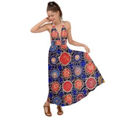 Retro Geometric Shapes And Flowers 3 Backless Maxi Beach Dress by violetheavensky