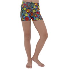 Mid Century Retro Floral 1970s 1960s Pattern 56 Kids  Lightweight Velour Yoga Shorts by violetheavensky