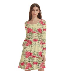 Retro 1880s Flowers Pattern 18 Long Sleeve Knee Length Skater Dress With Pockets by violetheavensky