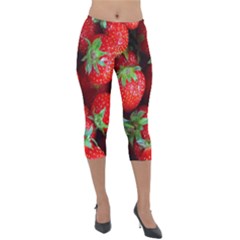 Strawberry, Berries, Fresh, Red Lightweight Velour Capri Leggings  by kyorashop23