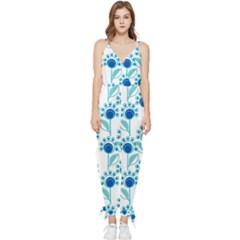Blue Daisy Minimalist Leaves   Sleeveless Tie Ankle Chiffon Jumpsuit by ConteMonfrey