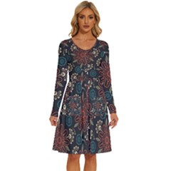 Retro Texture With Orange Flowers Floral Long Sleeve Dress With Pocket by Paksenen