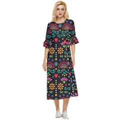 Mexican Folk Art Seamless Pattern Colorful Double Cuff Midi Dress by Paksenen