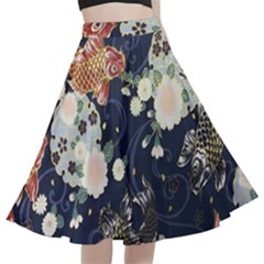 Japanese Wave Koi Illustration Pattern A-line Full Circle Midi Skirt With Pocket by Ndabl3x