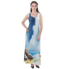 Delicate Watercolor Painting Surreal Oasis Scene With Intense Dramatic Lighting Sleeveless Velour Maxi Dress by pollyparadiseartshop