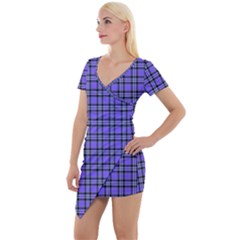 Blue Tartan Plaid 1 Short Sleeve Asymmetric Mini Dress by dressshop