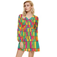 Abstract-background Tiered Long Sleeve Mini Dress by kyorashop23