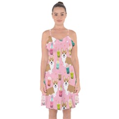Corgi Bubble Boba Tea Pink Pattern Ruffle Detail Chiffon Dress by Salmanaz77