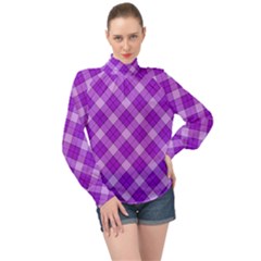 Purple Plaid Tartan 3 Diagonal (2) High Neck Long Sleeve Chiffon Top by dressshop