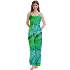 Texture Green Leaf Abstraction 3d Spaghetti Top Long Pants Satin Pajamas Set by Salmanaz77