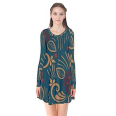 Flowers Floral Retro Flower Texture Long Sleeve V-neck Flare Dress by Salmanaz77