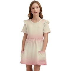 Crimson Red To Cream Yellow Bilinear Gradient Kids  Frilly Sleeves Pocket Dress by GradientsOmbre