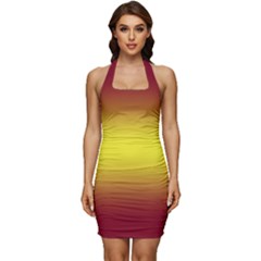 Burgundy Red To Electric Yellow Bilinear Gradient Sleeveless Wide Square Neckline Ruched Bodycon Dress by GradientsOmbre