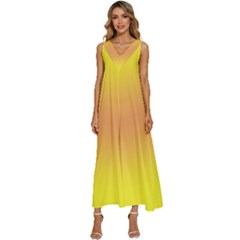 Electric Yellow To Coral Pink Bilinear Gradient V-neck Sleeveless Wide Leg Pants Overalls by GradientsOmbre