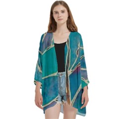 Aqua Batik, Abstract, Colorful Open Front 3/4 Sleeve Batwing Chiffon Cardigan Kimono by kyorashop23