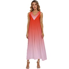 Scarlet Red To Pink Lace Linear Gradient V-neck Sleeveless Wide Leg Pants Overalls by GradientsOmbre