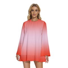 Scarlet Red To Pink Lace Bilinear Gradient Round Neck Long Sleeve Bohemian Style Chiffon Mini Dress by GradientsOmbre