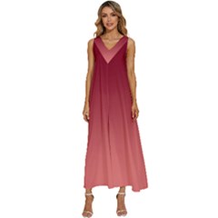 Burgundy Red To Coral Pink Linear Gradient V-neck Sleeveless Wide Leg Pants Overalls by GradientsOmbre