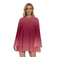 Coral Pink To Burgundy Red Bilinear Gradient Round Neck Long Sleeve Bohemian Style Chiffon Mini Dress by GradientsOmbre