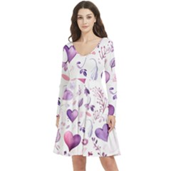 Hearts Love Purple Long Sleeve V-neck Skater Dress With Pockets by Grandong