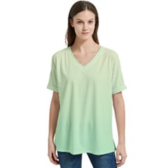 Cream Yellow To Mint Green Linear Gradient V-neck Split Shoulder Casual T-shirt by GradientsOmbre