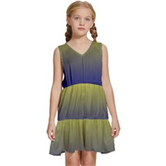 Electric Yellow To Navy Blue Linear Gradient Kids  Sleeveless Tiered Mini Dress by GradientsOmbre
